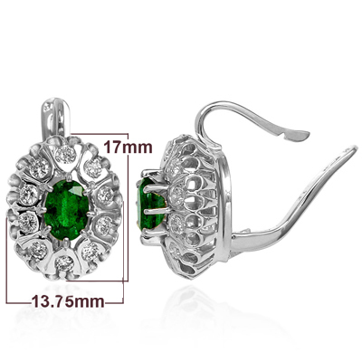 14k Solid White Gold Russian Antique Style Diamond Emerald Earrings 585