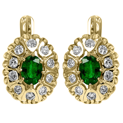 14k Solid Yellow Gold Russian Antique Style Diamond Emerald Earrings 585