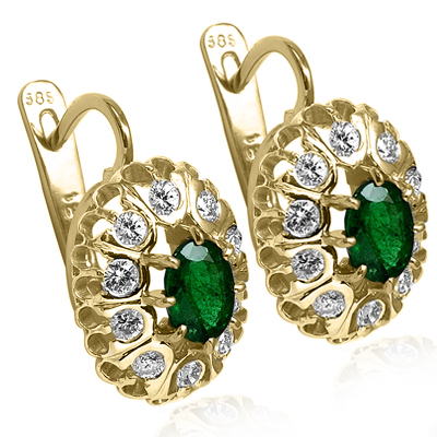 14k Solid Yellow Gold Russian Antique Style Diamond Emerald Earrings 585