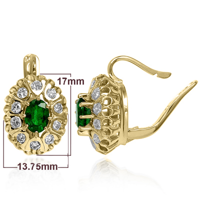 14k Solid Yellow Gold Russian Antique Style Diamond Emerald Earrings 585