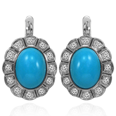 14k Solid White Gold Genuine Diamond & Turquoise Russian Style Earrings #E1552 14k Solid White Gold Genuine Diamond & Turquoise Russian Style Earrings #E1552