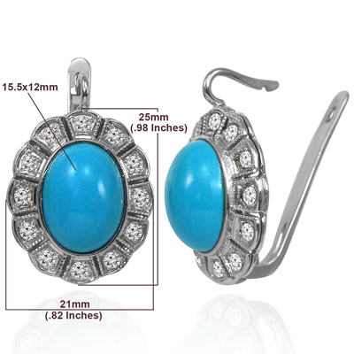 14k Solid White Gold Genuine Diamond & Turquoise Russian Style Earrings #E1552 14k Solid White Gold Genuine Diamond & Turquoise Russian Style Earrings #E1552