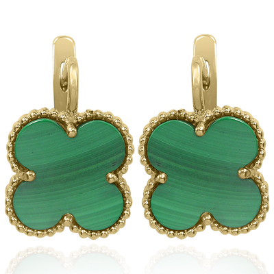Clover shaped MALACHITE 15 mm Earrings, 14K Yellow Solid Gold  #E1557 Clover shaped MALACHITE 15 mm Earrings, 14K Yellow Solid Gold  #E1557