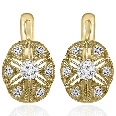 14k Solid Yellow Gold Genuine Diamond Russian Style handmade Earring #E1560s