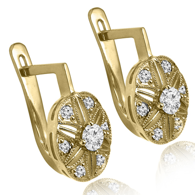 14k Solid Yellow Gold Genuine Diamond Russian Style handmade Earring #E1560s