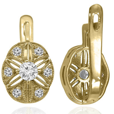 14k Solid Yellow Gold Genuine Diamond Russian Style handmade Earring #E1560s