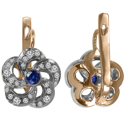 14k Solid Pink & White Gold Genuine Sapphire and Diamond Flower Earrings