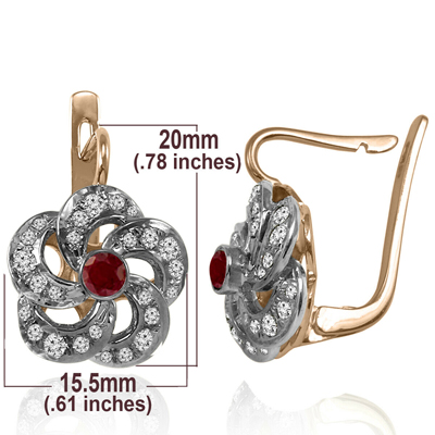 14k Solid Pink & White Gold Genuine Ruby and Diamond Flower Earrings