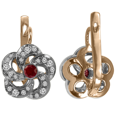 14k Solid Pink & White Gold Genuine Ruby and Diamond Flower Earrings