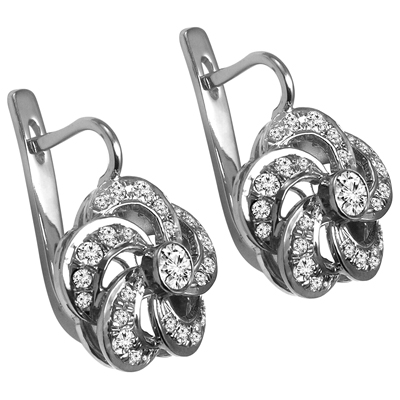 14k Solid White Gold Genuine Diamond Flower Russian style Earrings #E1564