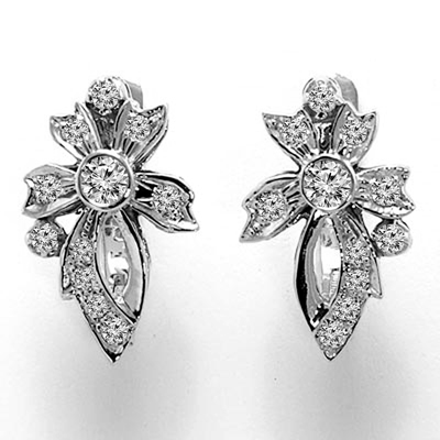 14k Solid White Russian style Diamond Earrings Fleur de Lis Earrings #E1565