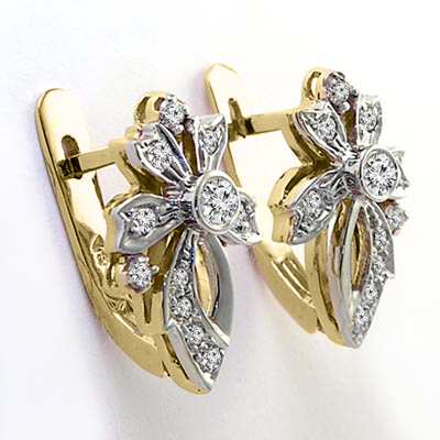 14k Yellow & White Russian style Diamond Earrings Fleur de Lis Earrings #E1566