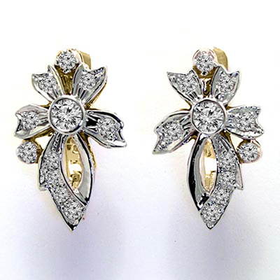 14k Yellow & White Russian style Diamond Earrings Fleur de Lis Earrings #E1566
