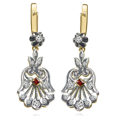 14K Solid Yellow and White Gold Genuine Diamond and Garnet Picasso Style Earrings.