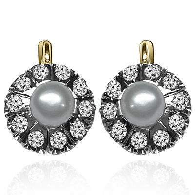 14k Solid Yellow and White Gold Genuine South Sea Cultured Pearls and Diamond Russian Style Earrings