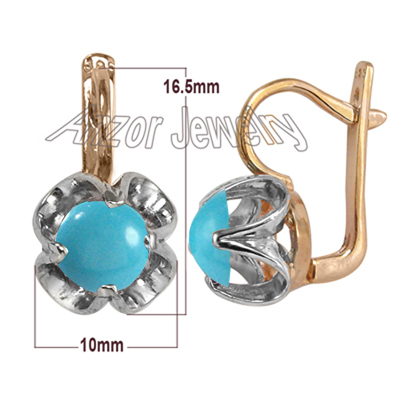 Russian Style 14k Solid Rose & White Gold Genuine Turquoise Earrings #R1582 Russian Style 14k Solid Rose & White Gold Genuine Turquoise Earrings #R1582
