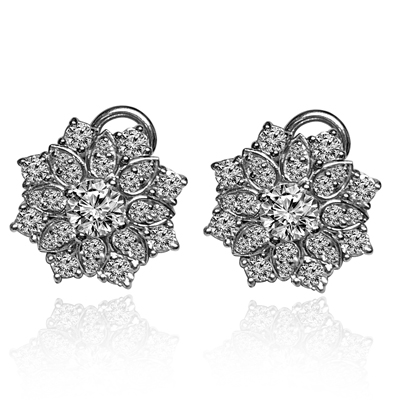 14k Solid White Gold Genuine Diamond Russian Style Earrings #E1587
