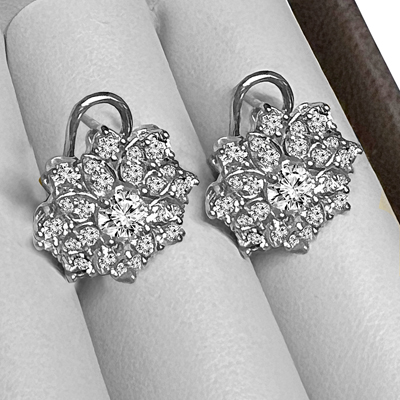 14k Solid White Gold Genuine Diamond Russian Style Earrings #E1587