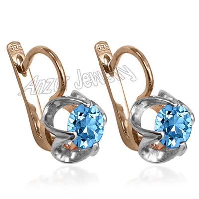 Russian Style 14k Solid Rose & White Gold Genuine Blue Topaz Earrings #E1588 Russian Style 14k Solid Rose & White Gold Genuine Blue Topaz Earrings #E1588