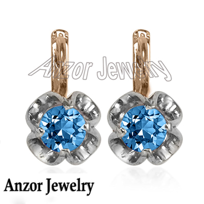 Russian Style 14k Solid Rose & White Gold Genuine Blue Topaz Earrings #E1588 Russian Style 14k Solid Rose & White Gold Genuine Blue Topaz Earrings #E1588