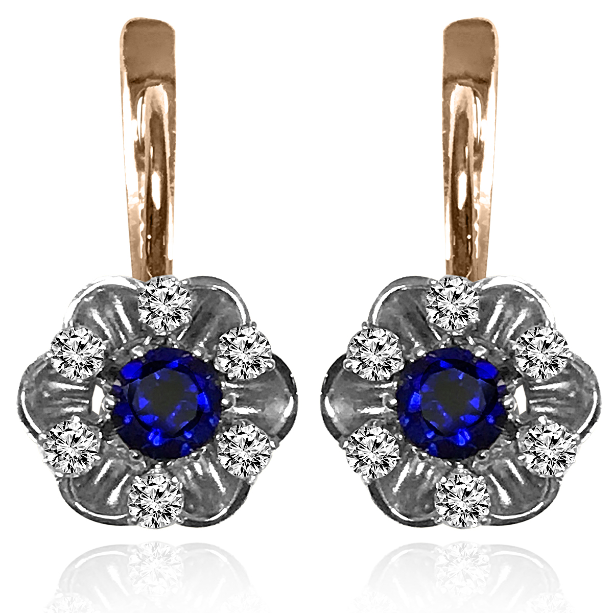 14k Solid Rose & White Gold Genuine Sapphire and Diamond Russian Earrings #E1404 14k Solid Rose & White Gold Genuine Sapphire and Diamond Russian Earrings #E1404