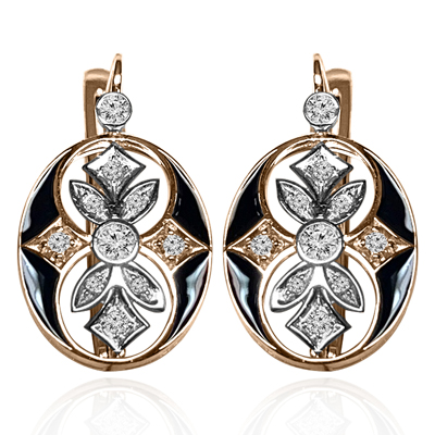 Russian Style Diamond and black Enamel Earrings 585 14K #E1636