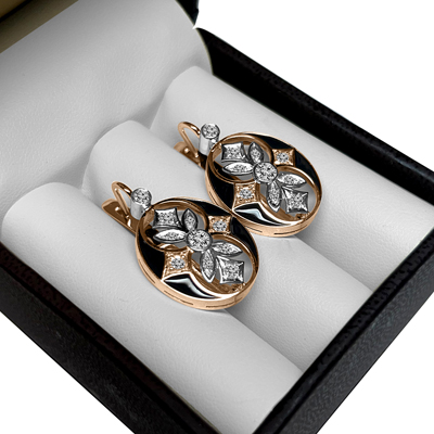 Russian Style Diamond and black Enamel Earrings 585 14K #E1636