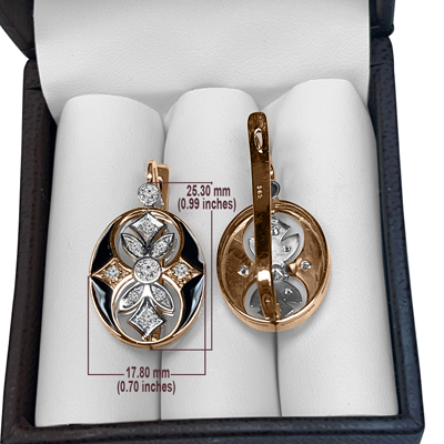 Russian Style Diamond and black Enamel Earrings 585 14K #E1636