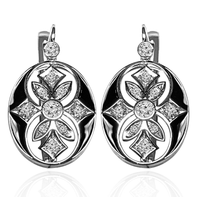 Russian Style Diamond and black Enamel Earrings 14K gold #E1638