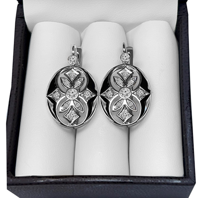 Russian Style Diamond and black Enamel Earrings 14K gold #E1638