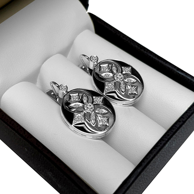 Russian Style Diamond and black Enamel Earrings 14K gold #E1638