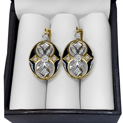 Russian Style Diamond Enamel Earrings 585 14K gold #E1639