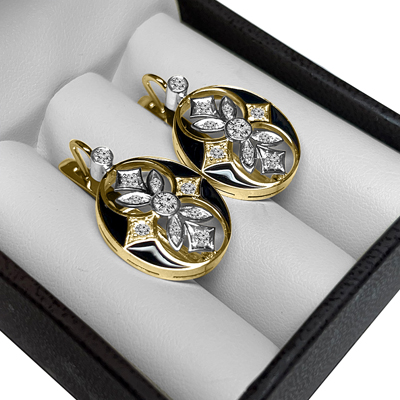 Russian Style Diamond Enamel Earrings 585 14K gold #E1639