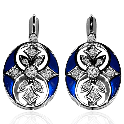 Russian Style Diamond and BLUE Enamel Earrings 14K Solid gold #E1644