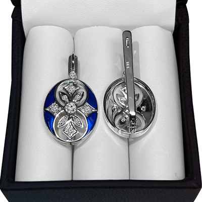 Russian Style Diamond and BLUE Enamel Earrings 14K Solid gold #E1644