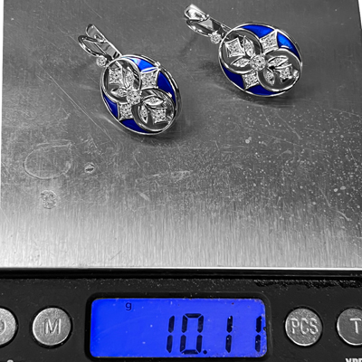 Russian Style Diamond and BLUE Enamel Earrings 14K Solid gold #E1644