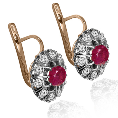 14k Gold Lab Grown Diamond Ruby Russian style Earrings 14K #E1659