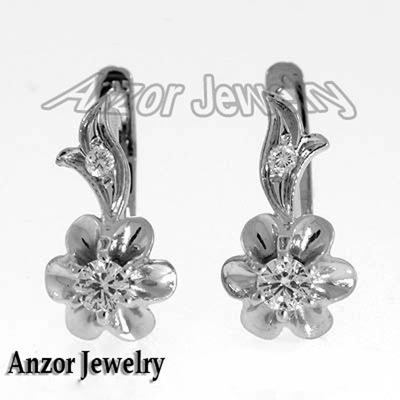 14k solid white Gold Diamond Earrings Russian style #E1674 14k solid white Gold Diamond Earrings Russian style #E1674