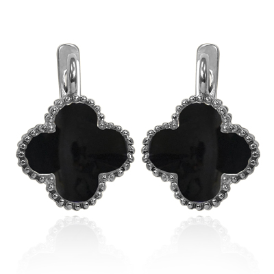 14k Gold Genuine Onyx Four Leaf Clover Earrings #E1701