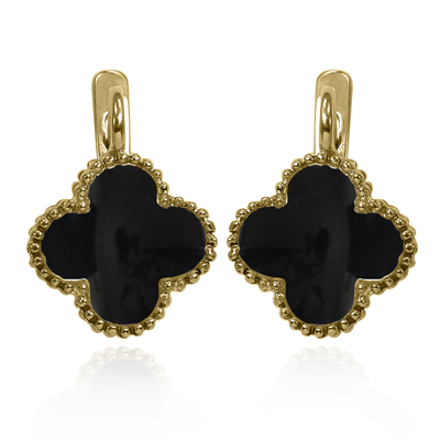 14k yellow Gold Genuine Onyx  Four Leaf Clover Earrings  #E1702