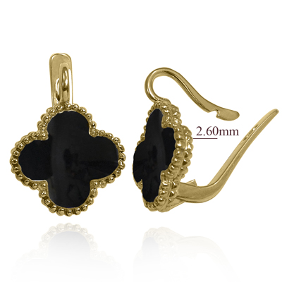 14k yellow Gold Genuine Onyx  Four Leaf Clover Earrings  #E1702