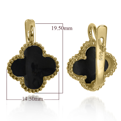 14k yellow Gold Genuine Onyx  Four Leaf Clover Earrings  #E1702