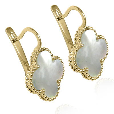 14k Gold mother of pearl Four Leaf Clover Earrings #E1706