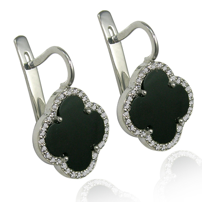 14k Gold  Diamond and Black Onyx Four Leaf Clover Earrings #E1707