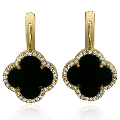 14k Gold Diamond and Black Onyx Four Leaf Clover Earrings #E1708