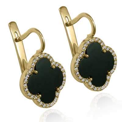 14k Gold Diamond and Black Onyx Four Leaf Clover Earrings #E1708