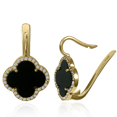 14k Gold Diamond and Black Onyx Four Leaf Clover Earrings #E1708