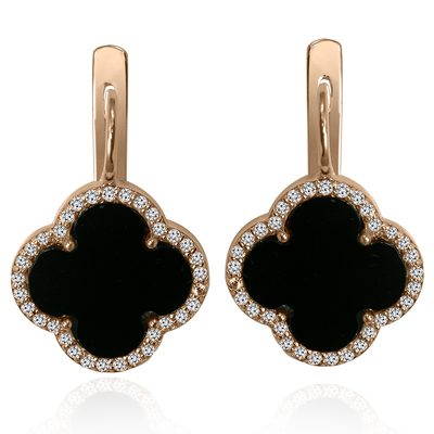 14k Gold Diamond  Black Onyx Four Leaf Clover Earrings #E1709