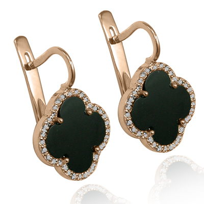 14k Gold Diamond  Black Onyx Four Leaf Clover Earrings #E1709