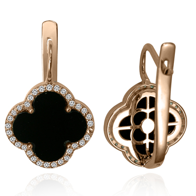 14k Gold Diamond  Black Onyx Four Leaf Clover Earrings #E1709